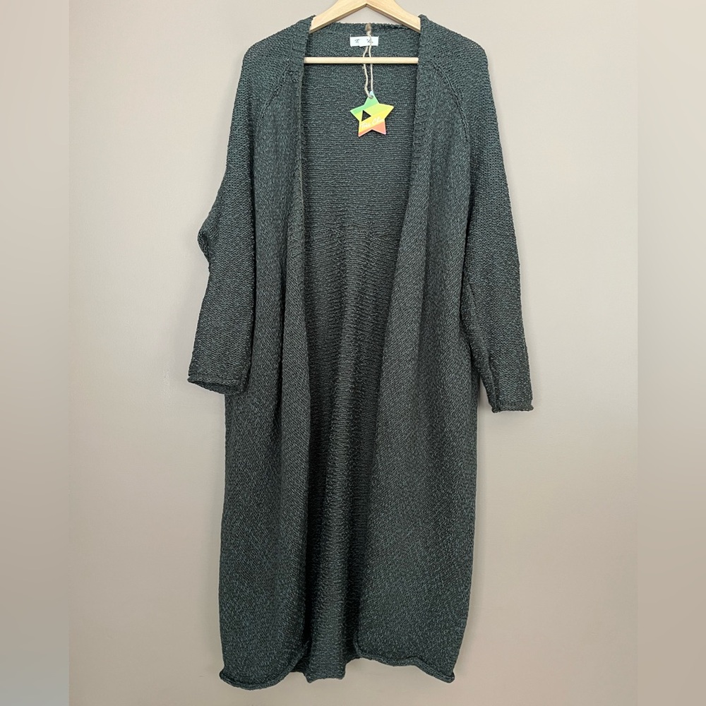 {Tres Chic} Long Duster Cardigan Sweater with Open Front in Olive - Medium - NWT